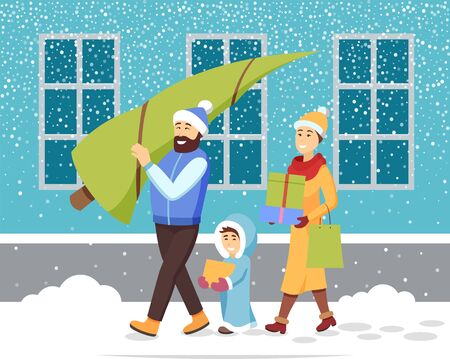 Winter holidays preparation vector, family with purchases from stores. Mother and father with kid returning home from shopping. Bearded man holding pine tree in hands. Snowy weather in city streetのイラスト素材