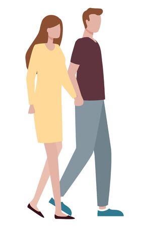 Couple, passers-by or city street walkers, man and woman vector. Girl and guy in casual clothes walking holding hands, male and female charactersのイラスト素材