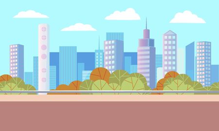 City autumn park with empty road. Beautiful landscape on background with many skyscrapers. Modern downtown, business center. Green trees in summer, warm weather in town. Vector illustration in flatのイラスト素材