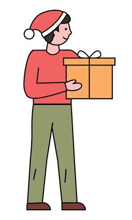 Guy stand and hold vector package in hands. Man ready to greet friends with christmas, holiday time. Box with present inside and tied by ribbon. Person isolated on white background in minimalismのイラスト素材