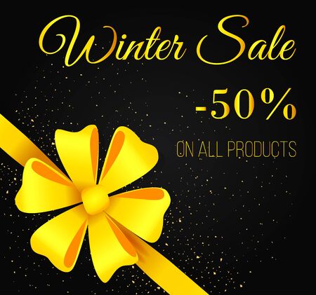 Winter sale 50 percent on all products. Special holiday promotion card with ribbon and bow in yellow color. Discount postcard decorated by snowflakes and band. Shopping poster with bowknot vectorのイラスト素材