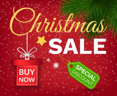 Christmas sale and reduction of price for winter holidays vector. Special discount on tag, pine tree branch and star decoration. Gift box with call to action phase. Buy now advertising of productsのイラスト素材