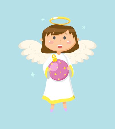 Child with wings and halo vector, angel holding bauble decoration for Christmas. Celebration of holiday, small kid wearing long dress, girl smilingのイラスト素材