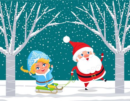 Winter forest with characters having fun. Santa Claus pulling sleds with Snow Maiden. Natural landscape with trees decorated with garlands. New Year eve and Christmas Time holidays. Vector in flatのイラスト素材