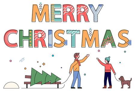Merry Christmas vector, friends greeting outdoors. Neighbors greeting to each other at street. Male with pine tree and character walking dog on leash. Winter holidays preparation flat style designのイラスト素材