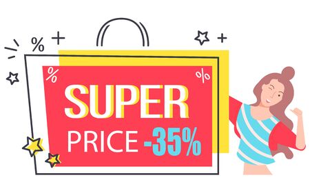 Super price vector, handbag with handle and stars. Lowering of cost, shops and store reduction. Girl with happy face expression discount clearanceのイラスト素材
