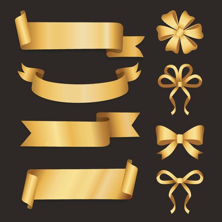 Ribbon and bow set on black background. Empty space on golden glossy tape. Decoration element knot and band collection. Shiny icon for package or gift, holiday strip for lettering greeting card vectorのイラスト素材