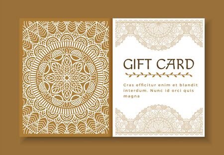 Vintage gift card with text sample. Isolated set of brochures for holidays celebration and greeting. Banner with mandala decoration and Indian ornaments. Floral embellishment of postcard, vectorのイラスト素材