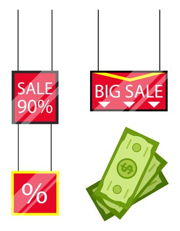 Big sales in stores and shops, best time for shopping. Red billboards with white inscription. Money, dollars sign on white background. Discounts, lower price on products. Vector illustration in flatのイラスト素材