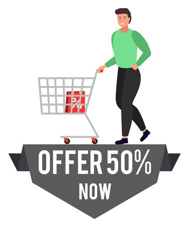 Promotional banner of special offer with half reduction of price. Man walking with trolley loaded with bags. Proposition from shops. Reduced cost on products in store. Male with cart vector in flatのイラスト素材