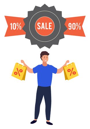 Promotional banner with big sales and reductions. 90 and 10 percent off price. Man showing bags with items bought on special offers and deals from market. Male character shopping with coupons vectorのイラスト素材