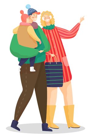 Mother and father holding small kids on hands looking aside. Isolated character wearing warm clothes on winter. Seasonal clothing for man and woman with child on hands. Xmas celebration vectorのイラスト素材