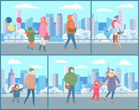 Set of cards with people dressed in outerwear doing outdoor activities with kid in winter park. Family walk of parents with children in park with snow. Man and woman on snowy city streetのイラスト素材