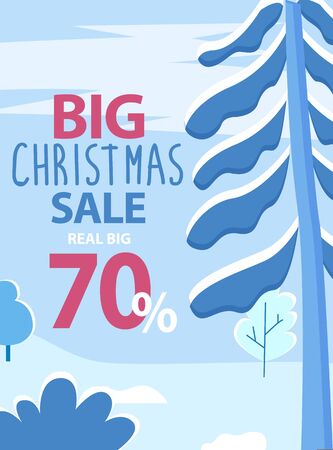 Big Christmas sale promotion poster, 70 percent reduction off price. Winter landscape with trees and bushes covered with snow. Offer for clients for holidays period. Discounts and deals vectorのイラスト素材