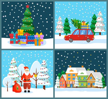 Santa Claus in winter landscape with presents in bag vector. Pine tree with decorations and gifts. Car loaded with spruce and boxes. Street in town with homes in row. Snowing wintry nights set vectorのイラスト素材