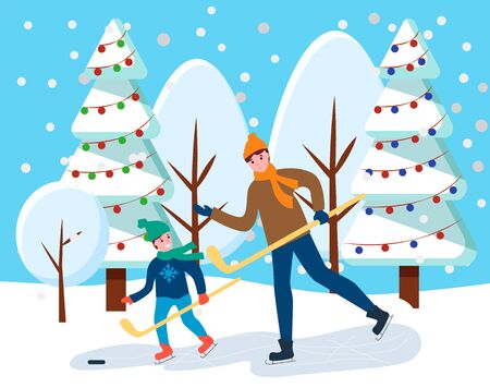 Dad skating with son near fir-tree decorated by garland. Father and child playing hockey near snowy Christmas tree. Sport active of smiling people wearing scarf, men walking near spruce wood vectorのイラスト素材