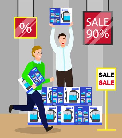 Big sale on appliances in store. Men holding electric kettles in hands. Shopping in electronics supermarket. Lower price on technical devices, up to 90 percent off. Vector illustration in flat styleのイラスト素材