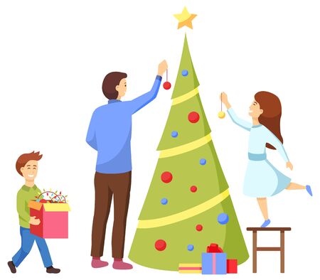 Christmas preparation vector, isolated father with kids decorating pine tree with baubles and stars. Dad with daughter and son. Family adorning spruce for winter holidays celebration flat styleのイラスト素材