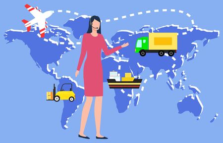 Transport monitoring vector, worldwide logistics flat style character showing map of world with transporting vehicles. Plane and lorry, van and ship or ferry. Shipping and delivering orders to clientsのイラスト素材