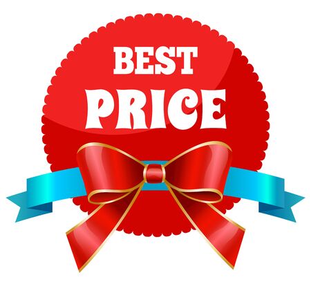 Best price, isolated promotional banner with ribbon bow. Rounded proposition from store. Clearance and offers at market. Discounts and reductions, cheap prices at shops. Vector in flat styleのイラスト素材