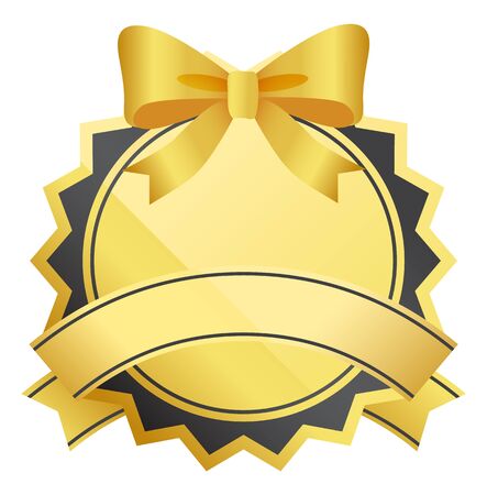 Label with ribbon and bow in round shape. Golden empty frame with band and lines. Postcard glossy decorative element for lettering on white. Luxury icon with tape for greeting and decoration vectorのイラスト素材
