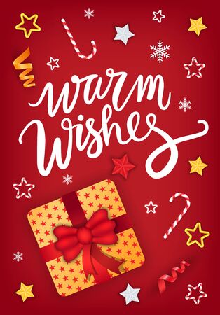 Christmas poster with caption warm wishes. Xmas celebration, traditional holiday illustration. Winter decoration of ribbons and candy canes, stars and snowflakes. White letters on red backgroundのイラスト素材