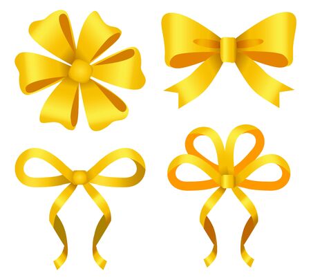 Set of yellow ribbon bows isolated icons. Golden decoration for gift cards design or presents decor. Silk tapes for holidays embellishment or adornment or place. Vector in flat style illustrationのイラスト素材