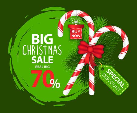 Big Christmas sale, save up to 70 percent flat style promotional banner. Sweets tied with bow. Spruce branch on background. Circle designed with brush effect contains text. Present on winter holidaysのイラスト素材