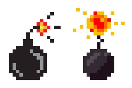 Pixel game icons vector, isolated bombs with fire. Graphics of retro gaming, flat style of weapon with flames, destruction and danger explosive substanceのイラスト素材