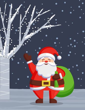 Santa Claus stand in winter forest, wood. Christmas time in december, traditional holiday character. Person in red clothes walking with xmas sack with presents. Vector illustration in flat styleのイラスト素材