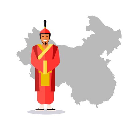 Man wearing costume of Chinese ancestors vector, male with smile on face, borders and map of China, Eastern country, Asia and Asian people isolatedのイラスト素材