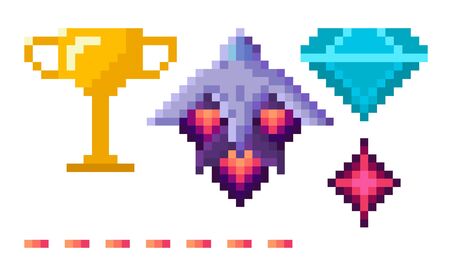 Space objects of pixel game, diamond and star, dotted line, spaceship and award equipment, power trophy on white, geometric cosmic sign, neon vectorのイラスト素材