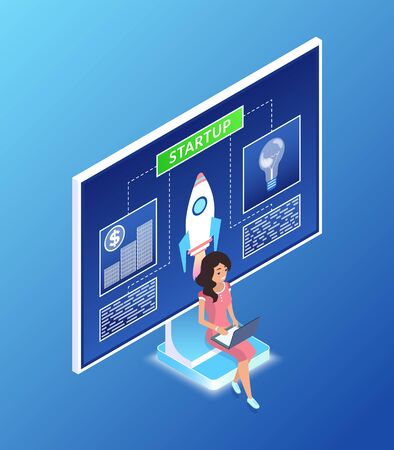 Woman working on laptop vector, rocket on screen monitor infographics, person with data and information on screen, info and data, worker businesswomanのイラスト素材