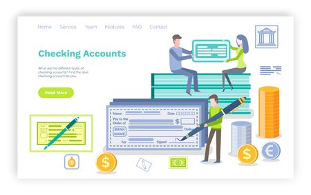 Checking accounts vector, person holding pen signing bill and check, financial transactions, dollars and coins banknotes and payment set. Website or webpage template, landing page flat styleのイラスト素材