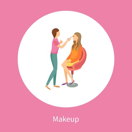 Makeup poster stylist making fashion glamor maquillage to client in chair vector in circle. Professional make up studio leaflet, cosmetologist officeのイラスト素材