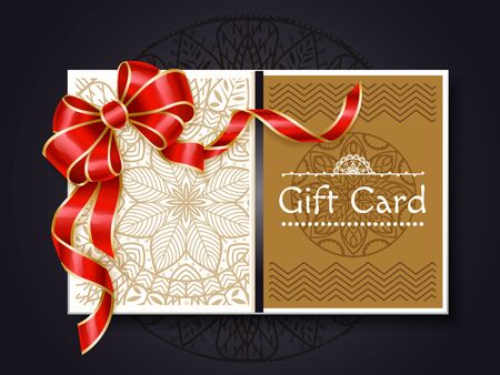 Gift card with embellishment. Paper brochure with mandala ornaments and ribbon bow decor, Certificate used as present on holiday or special occasion. Ornamental postcard with red stripe vectorのイラスト素材