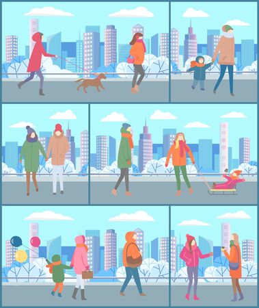 Set of cards with people dressed in outerwear doing outdoor activities with kid and pets in winter park. Family walk of parents with children in park with snow. Man and woman on snowy city streetのイラスト素材
