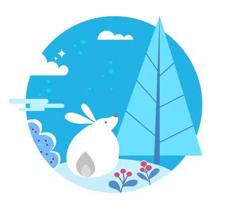 Bunny in winter forest, circle sticker. Isolated rounded view of hare sitting by pine tree and bushes. Berries growing on ground. Animal in woods looking at nature of cold season vector in flatのイラスト素材