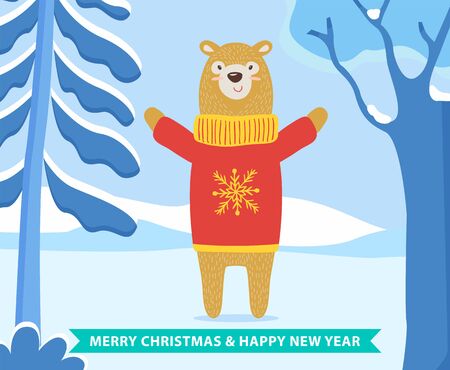 Merry Christmas and happy new year greeting card with wishes. Bear animal wearing knitted sweater with snowflake ornament. Winter landscape with snowy trees and hills. Cute grizzly, vector in flatのイラスト素材