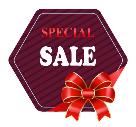 Special sale and propositions from shops. Isolated promotional banner with red decorative ribbon bow. Hexagonal shape of discount label. Clearance and reduction of price at stores. Vector in flatのイラスト素材