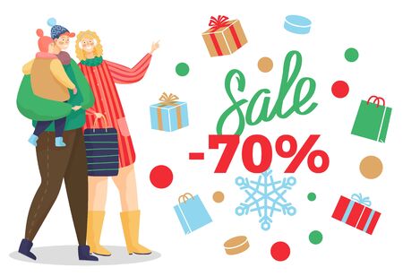 Promotional poster, 70 percent off reduction for season of holidays. Family shopping with kid. Presents in boxes with ribbon bows. Father holding kid on hands. Woman pointing on sale, vectorのイラスト素材