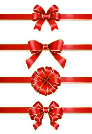 Different types of knot. Ribbon bows isolated set with various techniques used. Satin tape used as decoration of gifts and presents. Wavy stripes for greeting certificates design. Vector in flat styleのイラスト素材