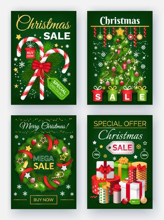 Christmas sale promotional posters set vector. Promotion of shops, clearance on market. Deals for shoppers on winter holidays. Pine fir tree with baubles and presents, garlands and star on topのイラスト素材