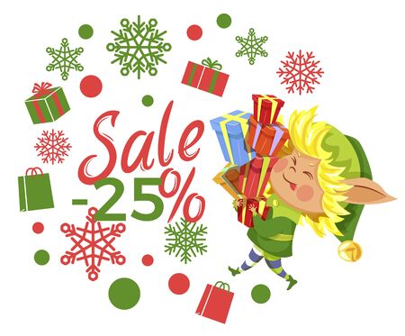 Sale 25 percent discount flyer decorated by snowflake and present symbols. Poster with promotion on winter holiday and elf character carrying gift box. Shopping card with limited promo vectorのイラスト素材