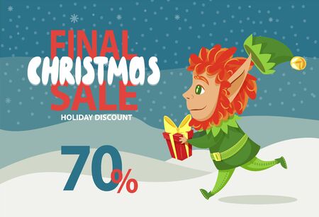 Final christmas sale and holiday discount in shops. Little boy in green costume running in winter forest. Fairy character hold box with gift in hand. Designed promotion with dwarf. Vector illustrationのイラスト素材