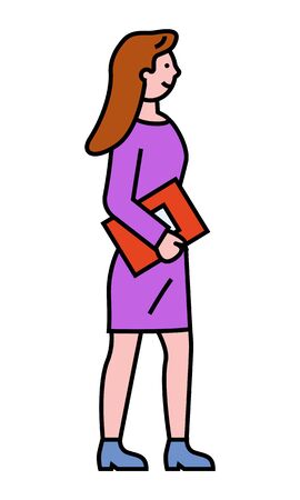 Worker character holding business report, professional accounting. Female colleague standing with documents. Element of work consulting or training with going woman in purple dress and outline vectorのイラスト素材