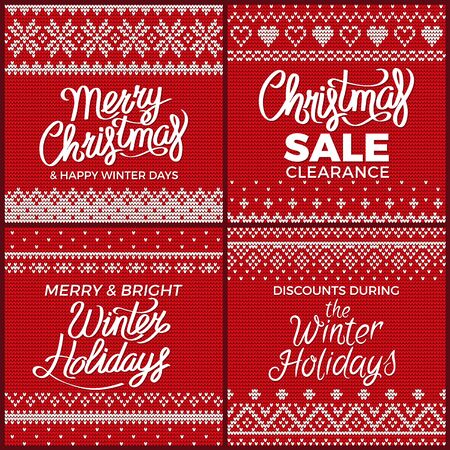 Merry Christmas and happy winter days postcard. Bright holiday Xmas card with embroidery symbols and clearance sale ad. Discounts during snowing festive, cover with handicraft snowflakes vectorのイラスト素材