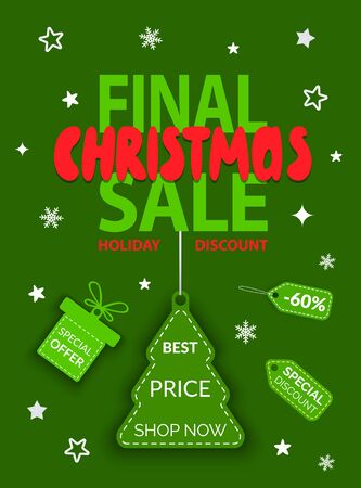 Final Christmas sale, special offers and discounts. Vector green labels with captions like shop now. Poster with promotion about clearance in shops in december. Best price on gifts and presentsのイラスト素材