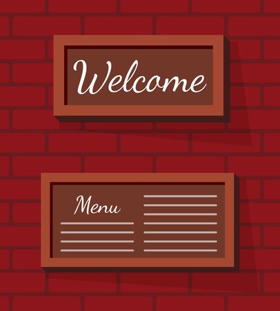 Welcome sign and menu chalkboard in wooden frame hanging on brick wall. Room to add text. Food and drink, template for cafe and restaurant vector illustrationのイラスト素材