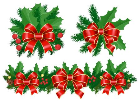 Set of decoration for christmas. Isolated floral composition of mistletoe and pine tree branch. Cone and berries with ribbon bow. Swirl stripe and traditional xmas evergreen foliage. Vector in flatのイラスト素材